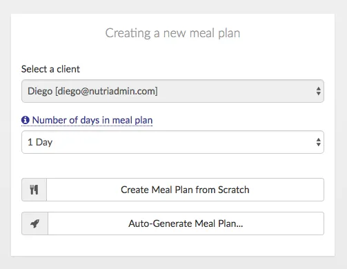 generating a new meal plan NutriAdmin